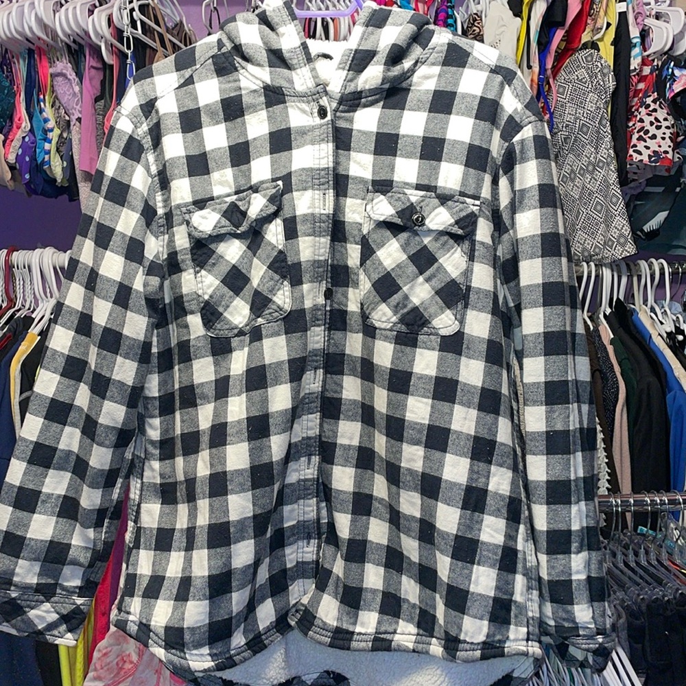 Boston Trades XLG button up work jacket hoodie black and white plaid